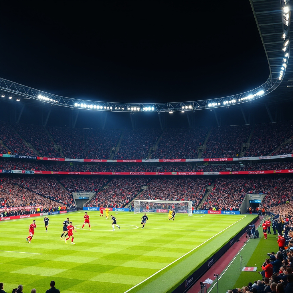 Premier League football stadium at sunset